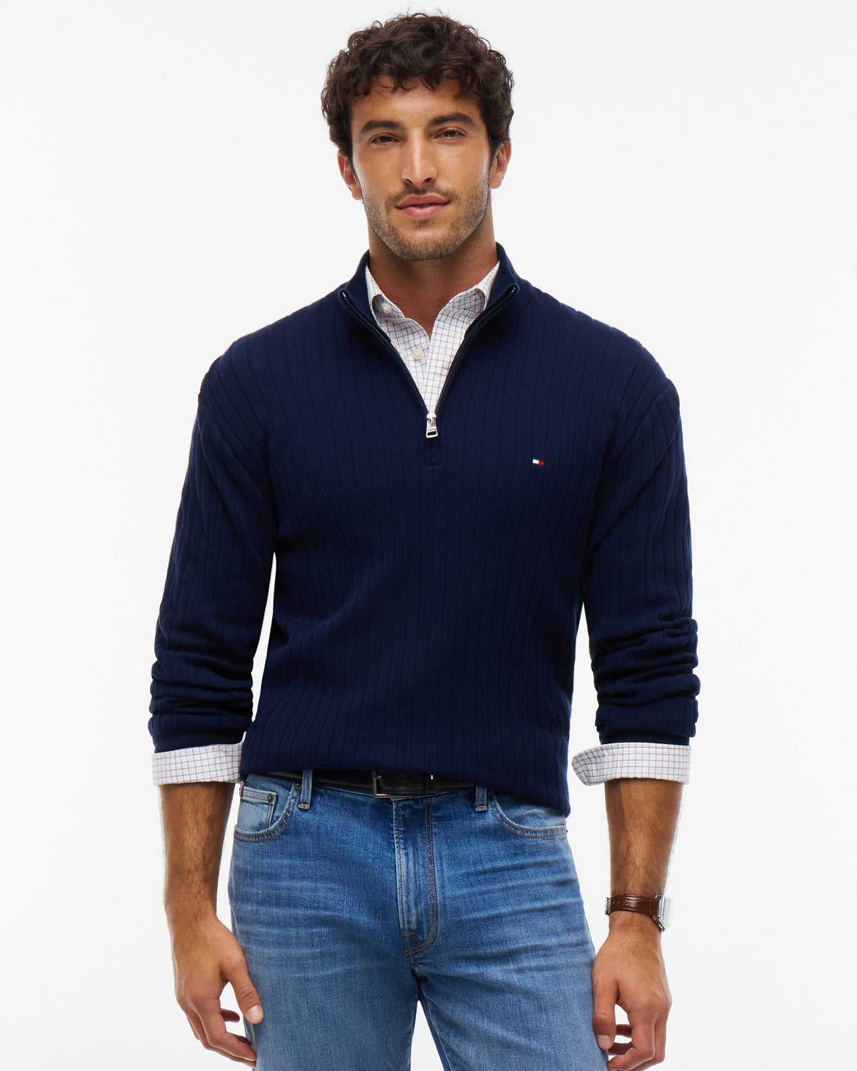 Tommy Hilfiger Wide Rib - Knit Mens Quarter - Zip Jumper - Carbon Navy | CHO | Designer Mens Jumpers