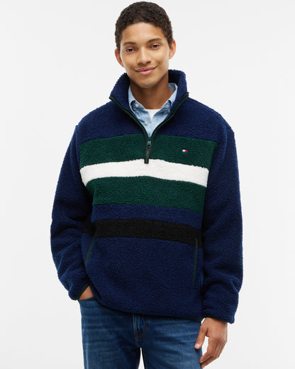 Tommy Hilfiger Sherpa Mens Quarter - Zip Fleece - Nocturnal Green/Carbon Navy | CHO | Designer Mens Fleeces
