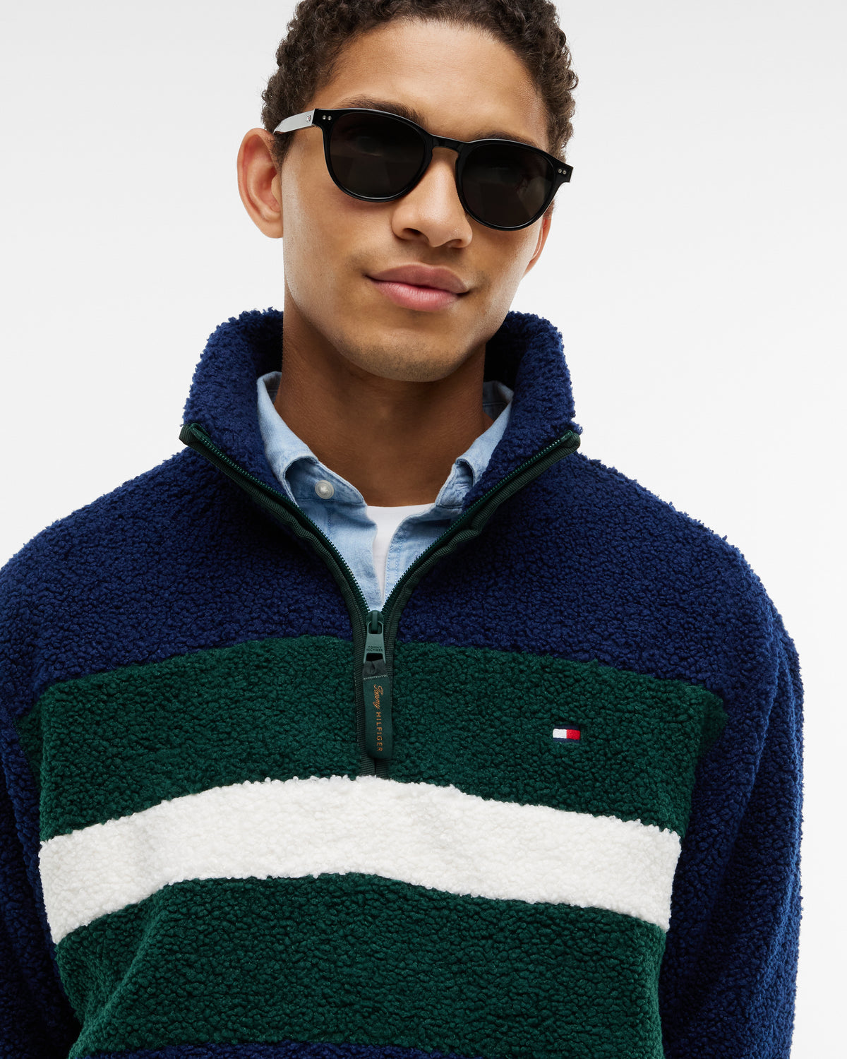 Tommy Hilfiger Sherpa Mens Quarter - Zip Fleece - Nocturnal Green/Carbon Navy | CHO | Designer Mens Fleeces