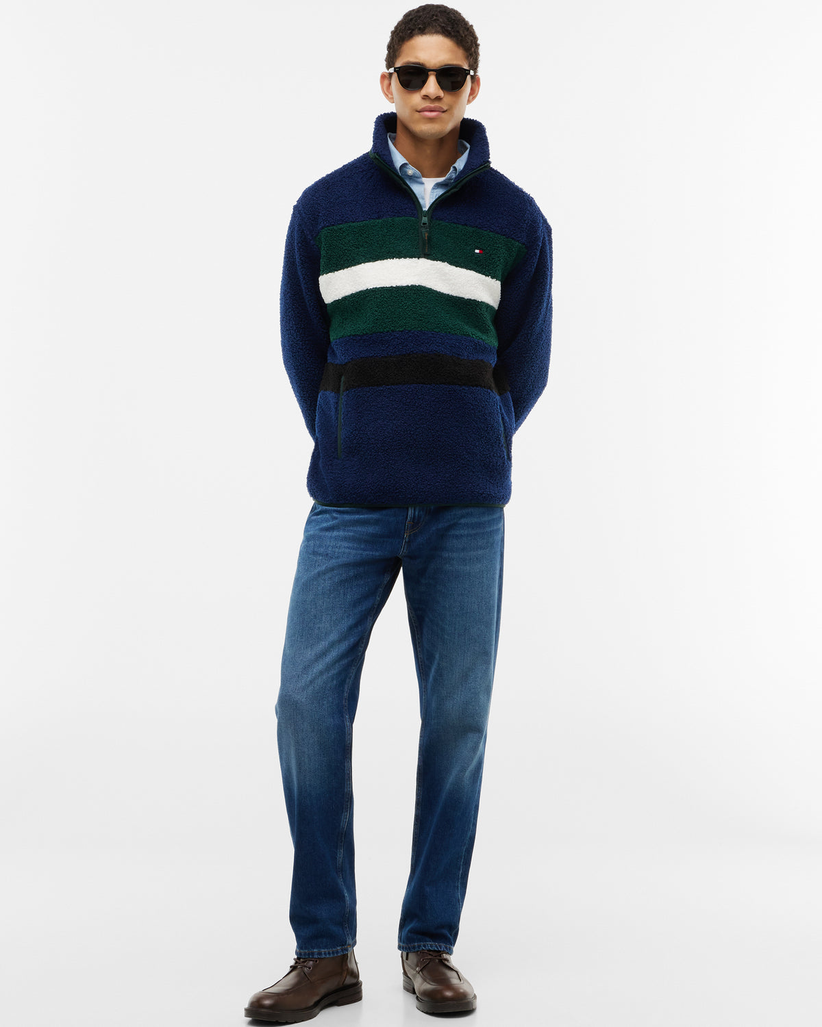 Tommy Hilfiger Sherpa Mens Quarter - Zip Fleece - Nocturnal Green/Carbon Navy | CHO | Designer Mens Fleeces