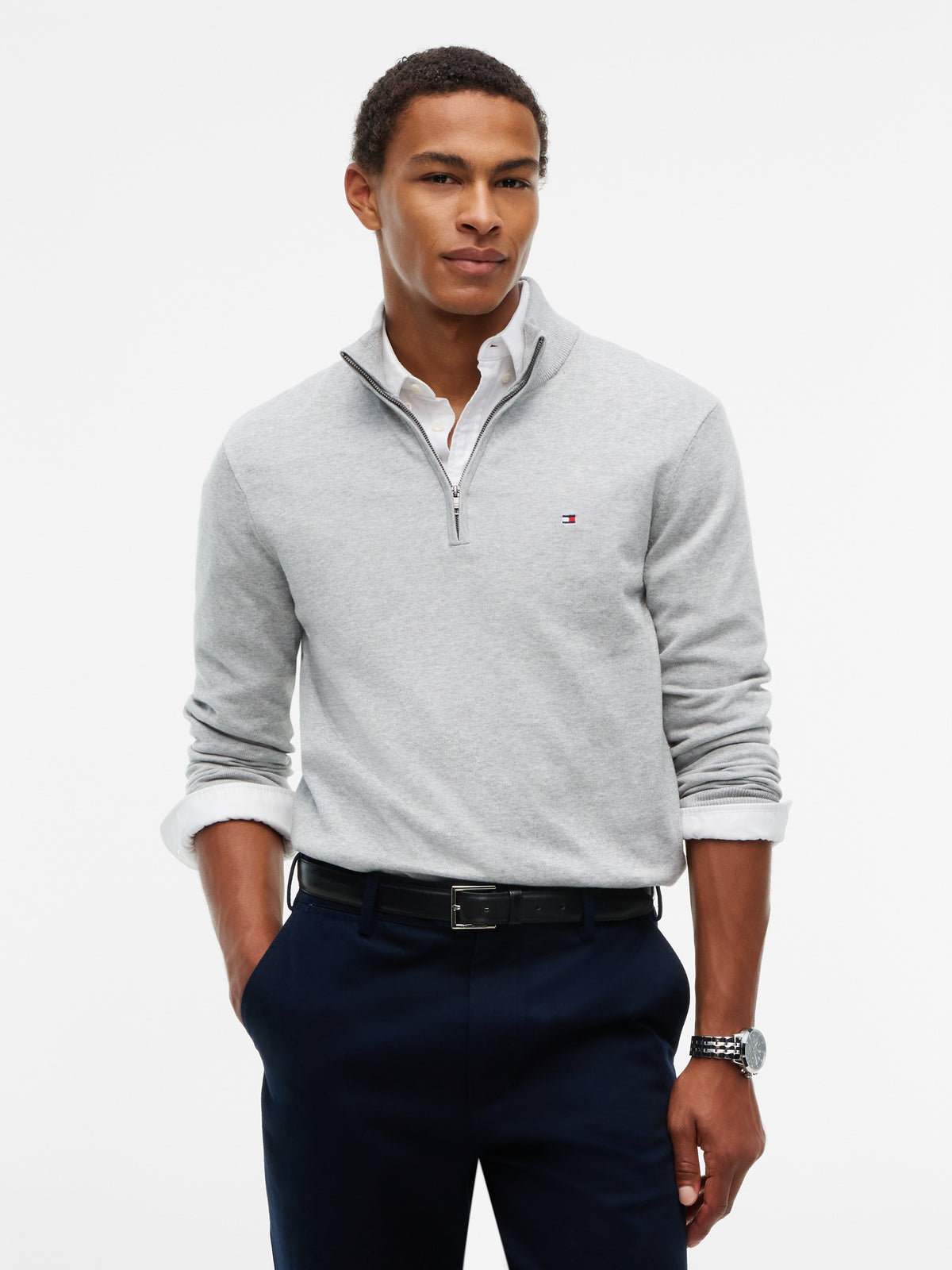 Tommy Hilfiger Essential Cotton 1/4 Zip Mock Mens Sweatshirt - Light Grey Heather | CHO | Designer Mens Sweatshirts