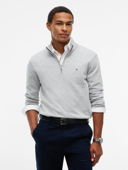 Tommy Hilfiger Essential Cotton 1/4 Zip Mock Mens Sweatshirt - Light Grey Heather | CHO | Designer Mens Sweatshirts