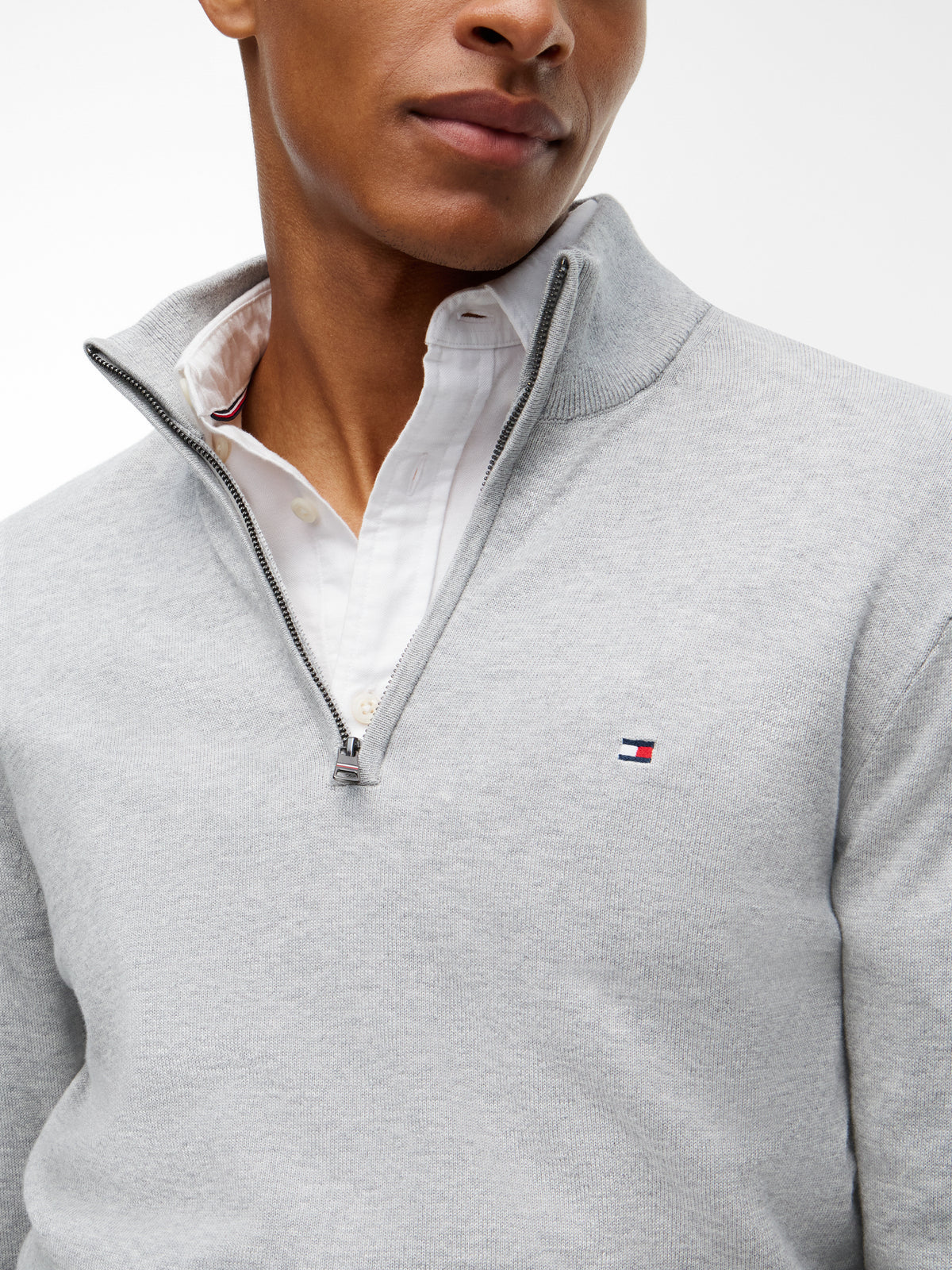 Tommy Hilfiger Essential Cotton 1/4 Zip Mock Mens Sweatshirt - Light Grey Heather | CHO | Designer Mens Sweatshirts