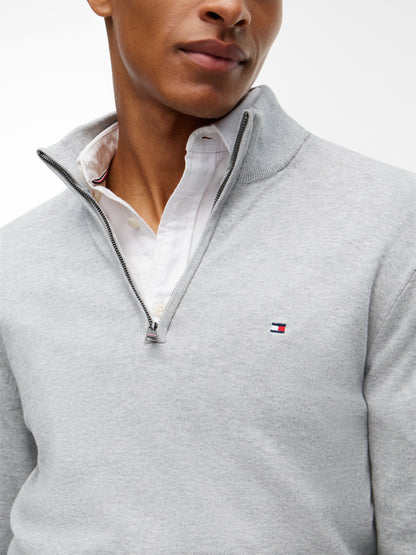 Tommy Hilfiger Essential Cotton 1/4 Zip Mock Mens Sweatshirt - Light Grey Heather | CHO | Designer Mens Sweatshirts