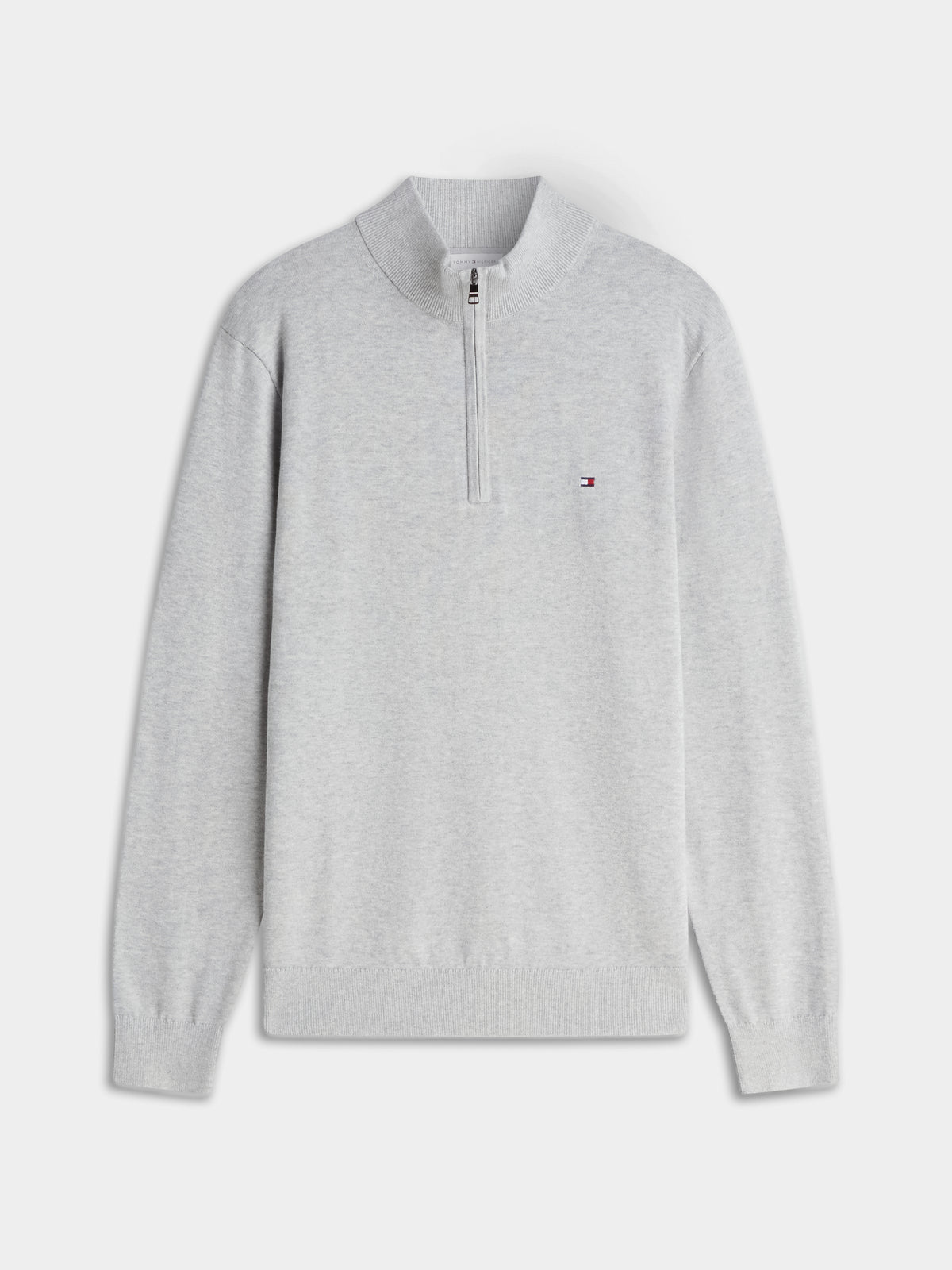 Tommy Hilfiger Essential Cotton 1/4 Zip Mock Mens Sweatshirt - Light Grey Heather | CHO | Designer Mens Sweatshirts