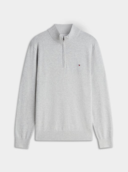 Tommy Hilfiger Essential Cotton 1/4 Zip Mock Mens Sweatshirt - Light Grey Heather | CHO | Designer Mens Sweatshirts