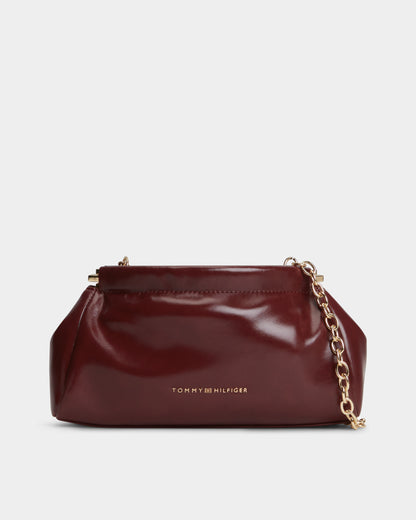 Tommy Hilfiger TH Modern Patent Womens Chain Clutch - Oxblood | CHO | Designer Womens Chain Clutches