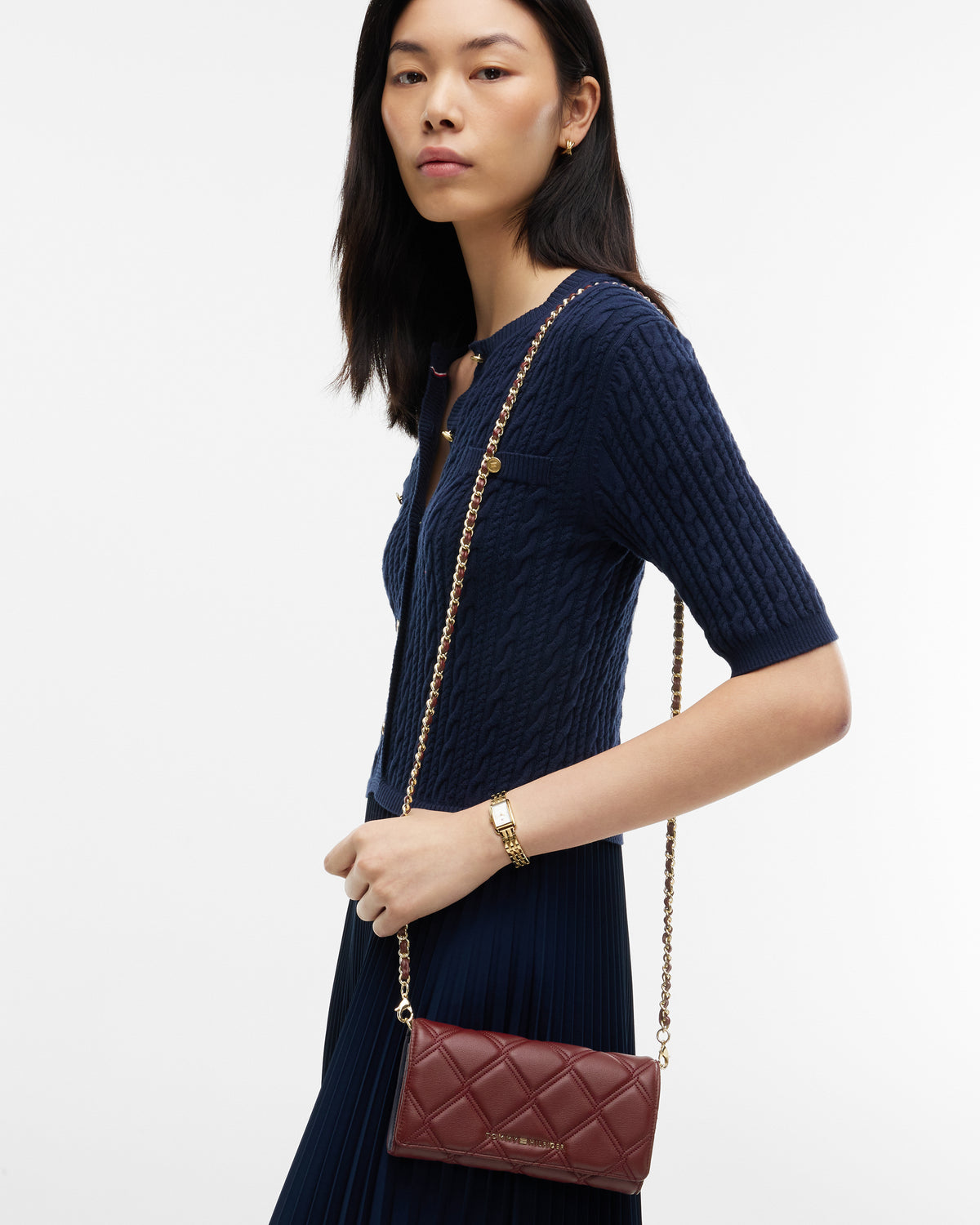 Tommy Hilfiger Quilted Womens Chain Wallet - Oxblood | CHO | Designer Womens Purses