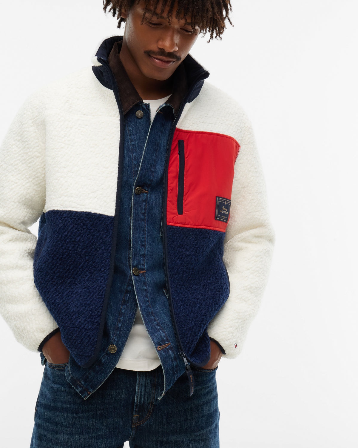 Tommy Hilfiger Wool Teddy Mens Full Zip Fleece - Ivory Petal | CHO | Designer Mens Fleeces