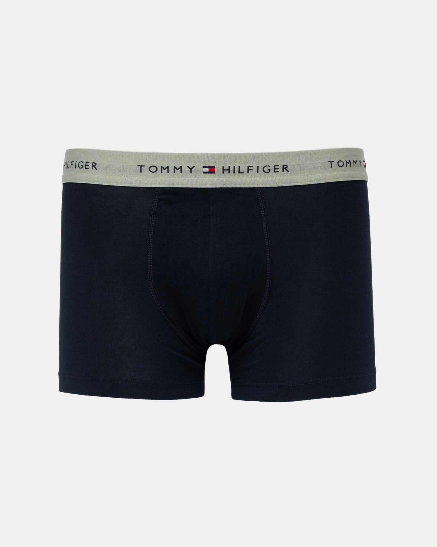 Navy trunks with grey green waistband