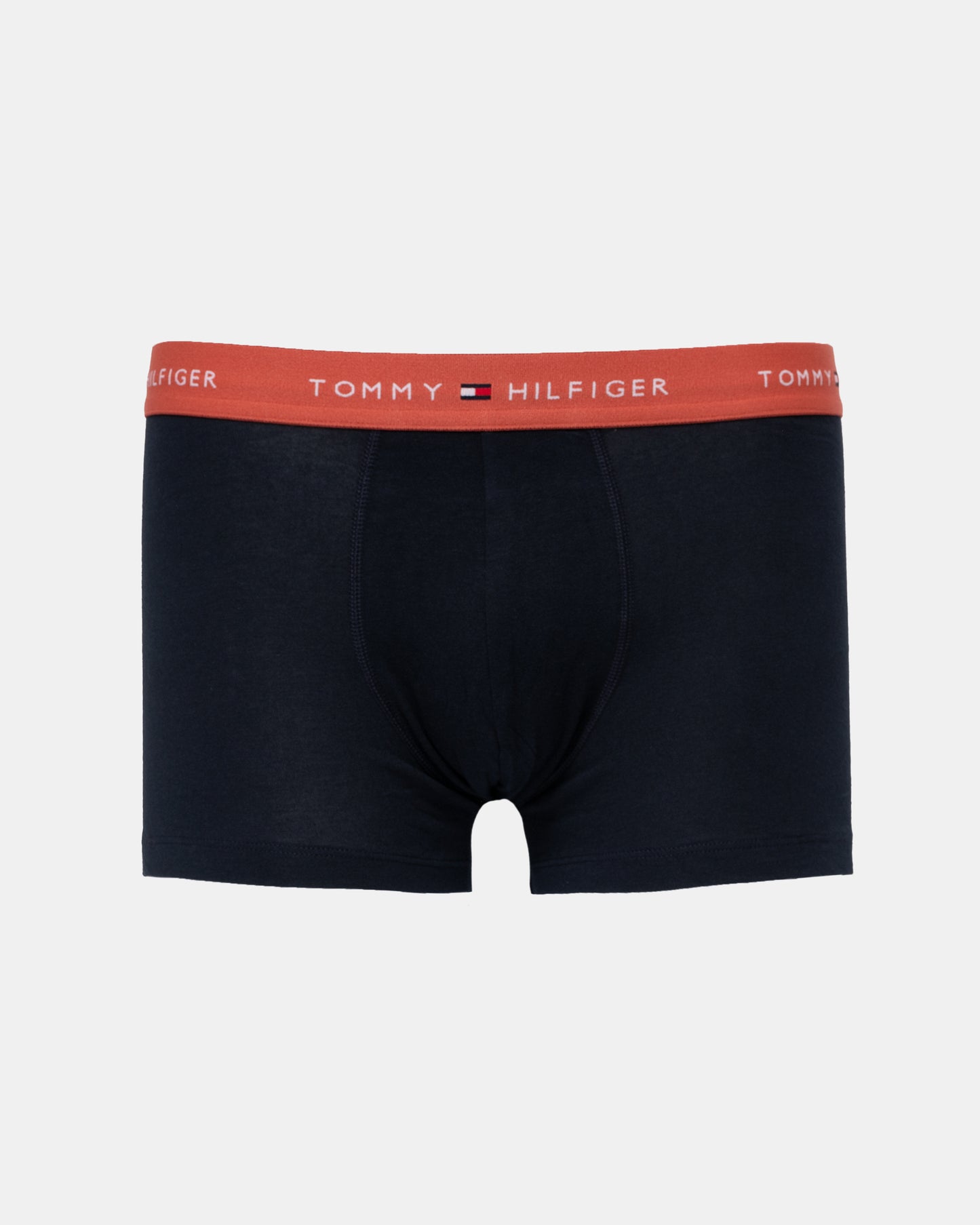Navy trunks with reddy orange waistband