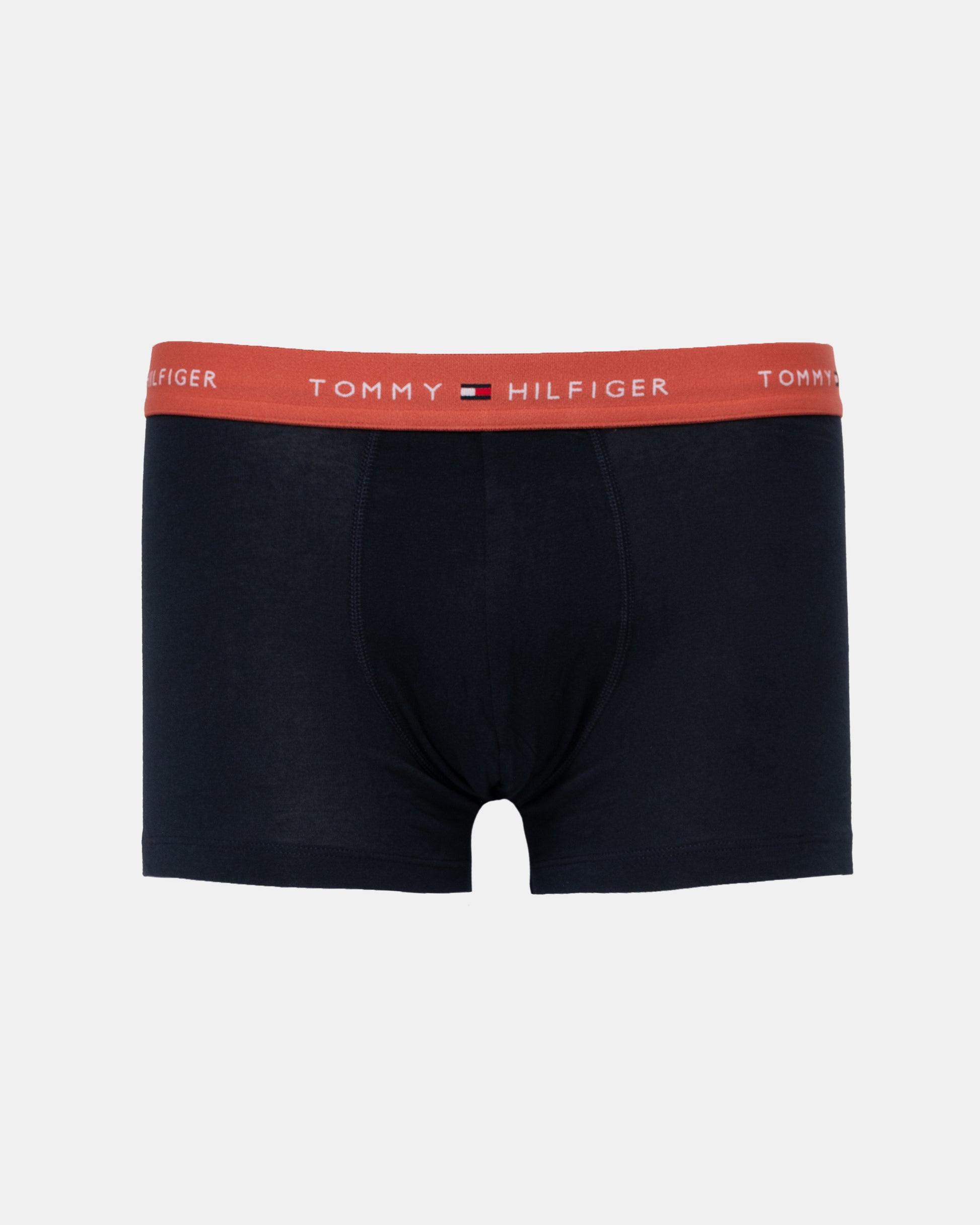 Navy trunks with reddy orange waistband