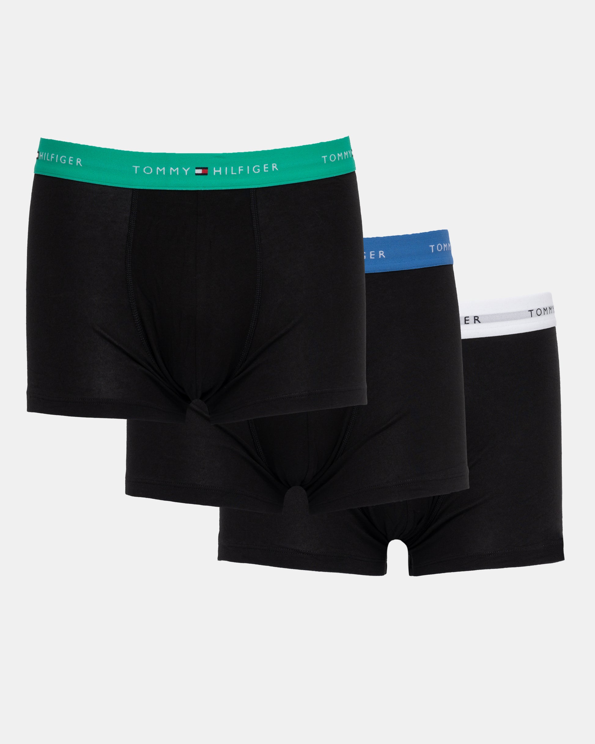 Tommy Hilfiger 3-Pack Logo Waistband Mens Trunks in Green, White & Blue