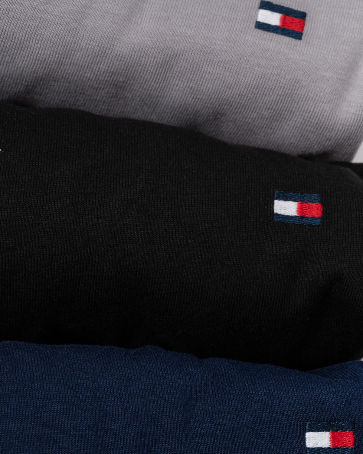 Tommy Hilfiger's 3-Pack Mens Crew Neck Short Sleeve T-Shirts in Carbon Navy/Black/Antque Silver close up