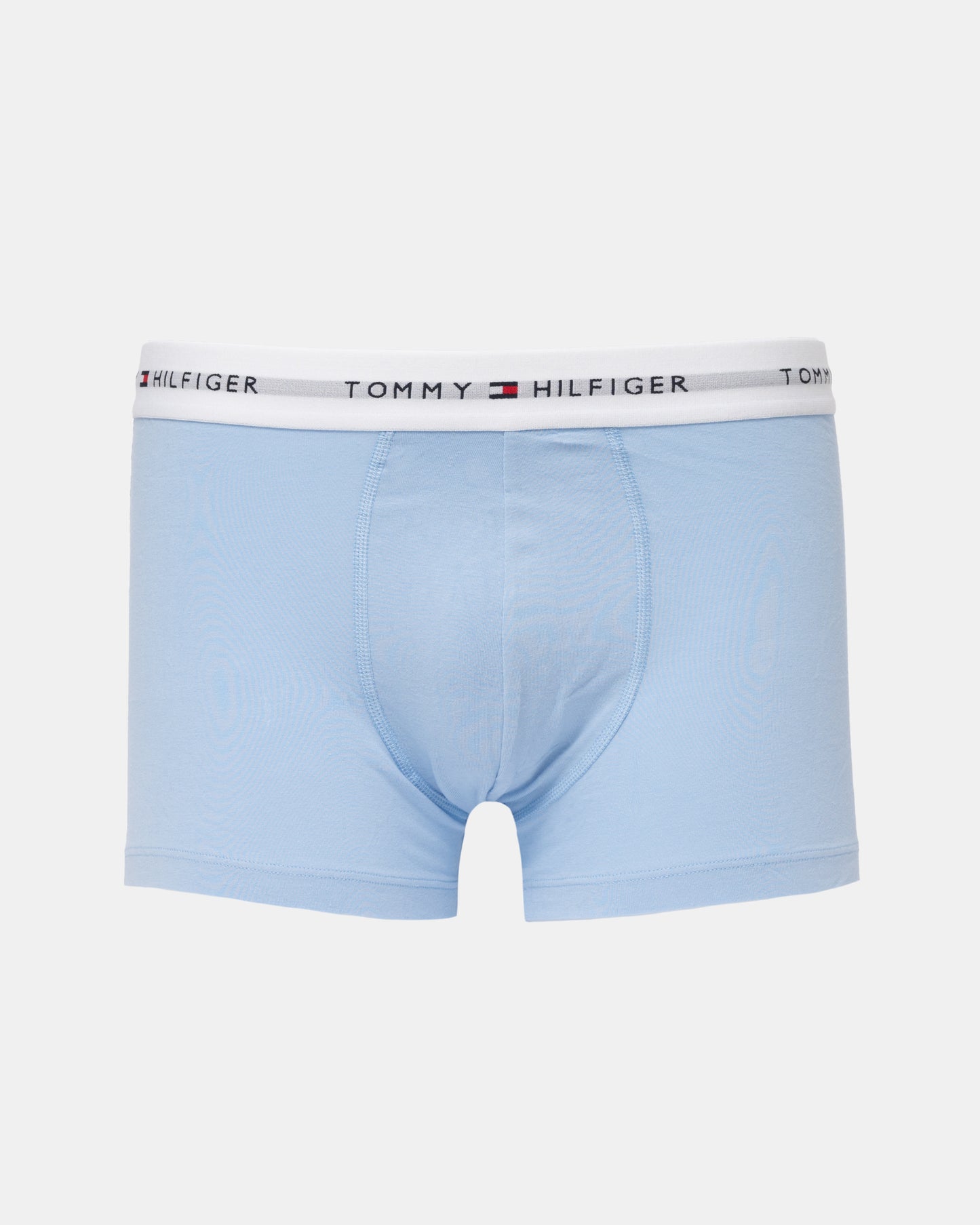 Light blue Tommy Hilfiger men's boxer briefs with a white elastic waistband featuring the brand name and logo.