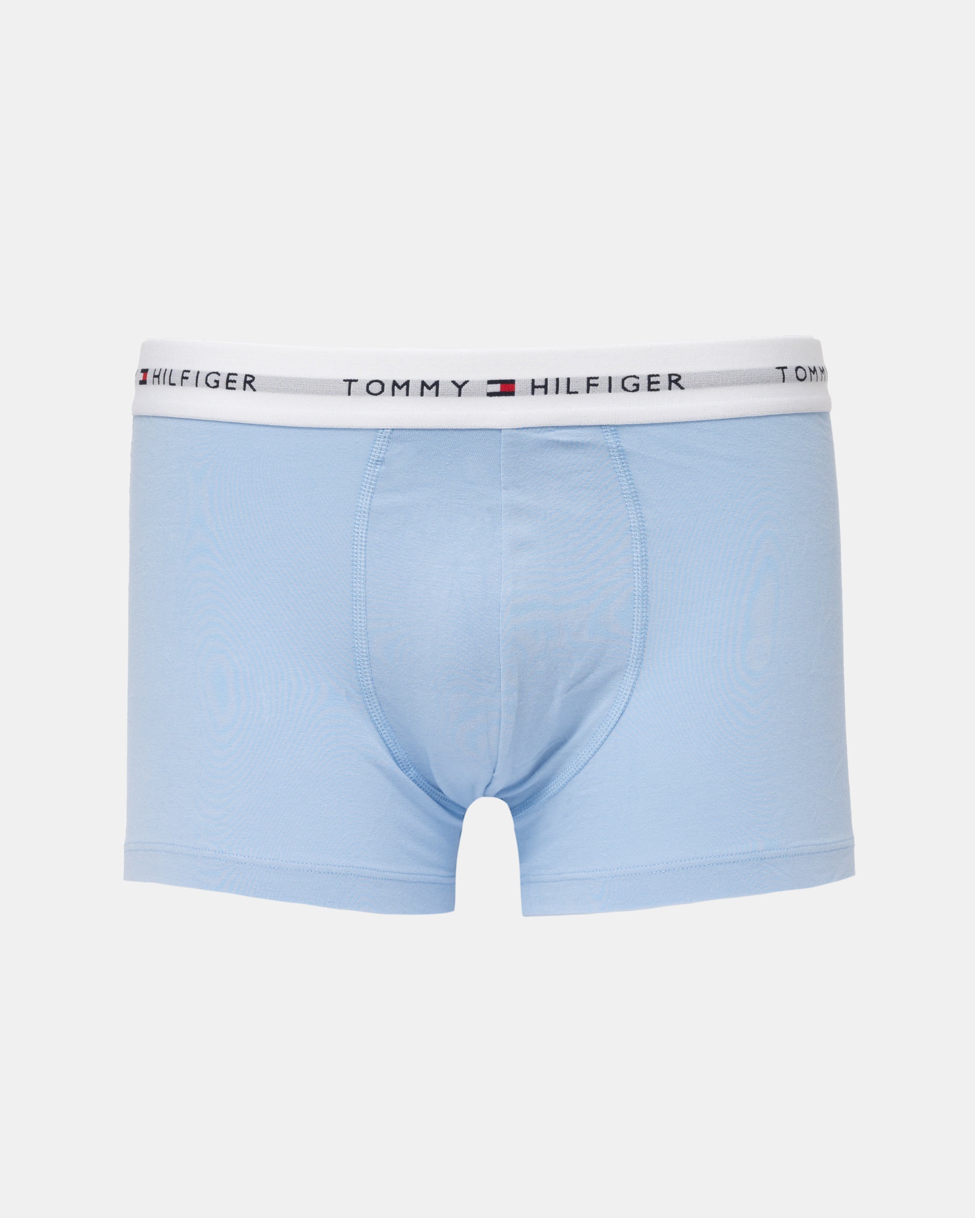 Light blue Tommy Hilfiger men's boxer briefs with a white elastic waistband featuring the brand name and logo.