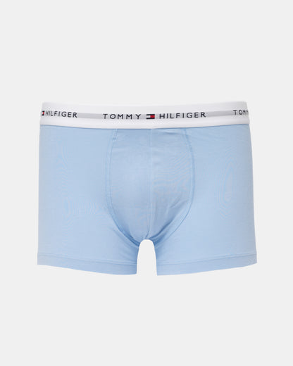 Light blue Tommy Hilfiger men's boxer briefs with a white elastic waistband featuring the brand name and logo.