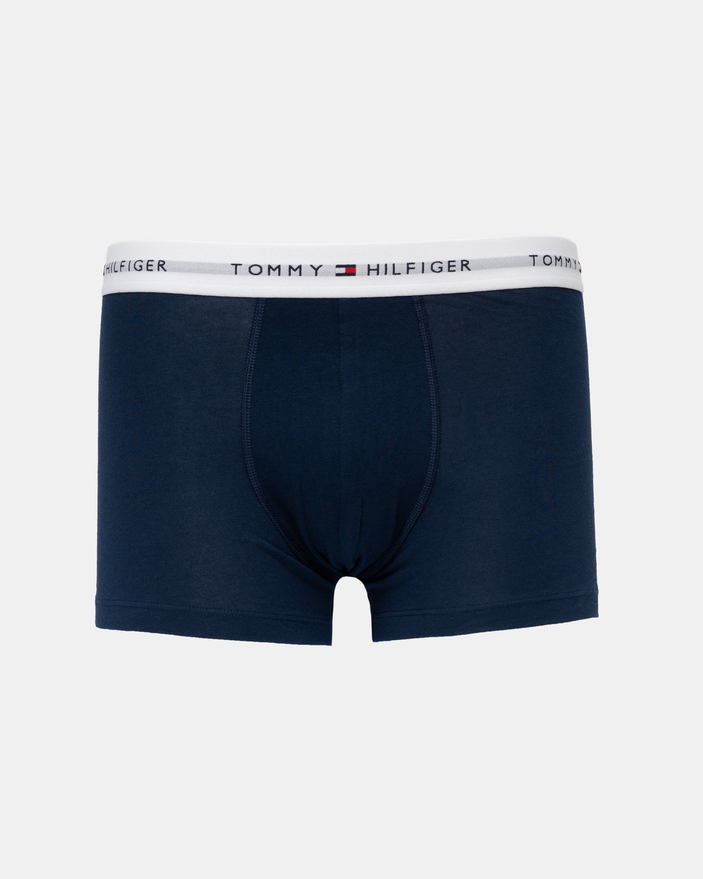 Tommy Hilfiger navy blue boxer briefs with a white elastic waistband featuring the brand name and logo.