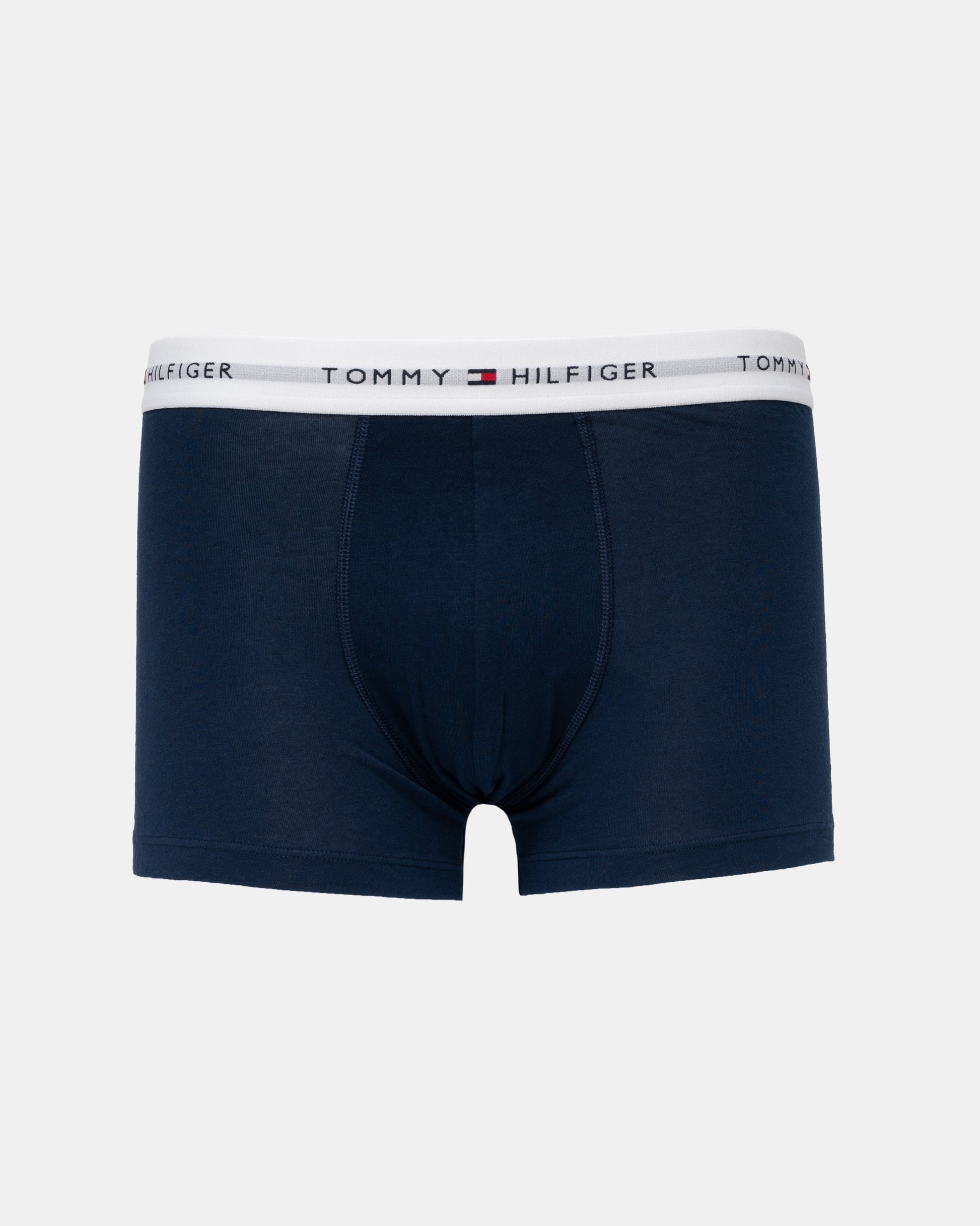 Tommy Hilfiger navy blue boxer briefs with a white elastic waistband featuring the brand name and logo.