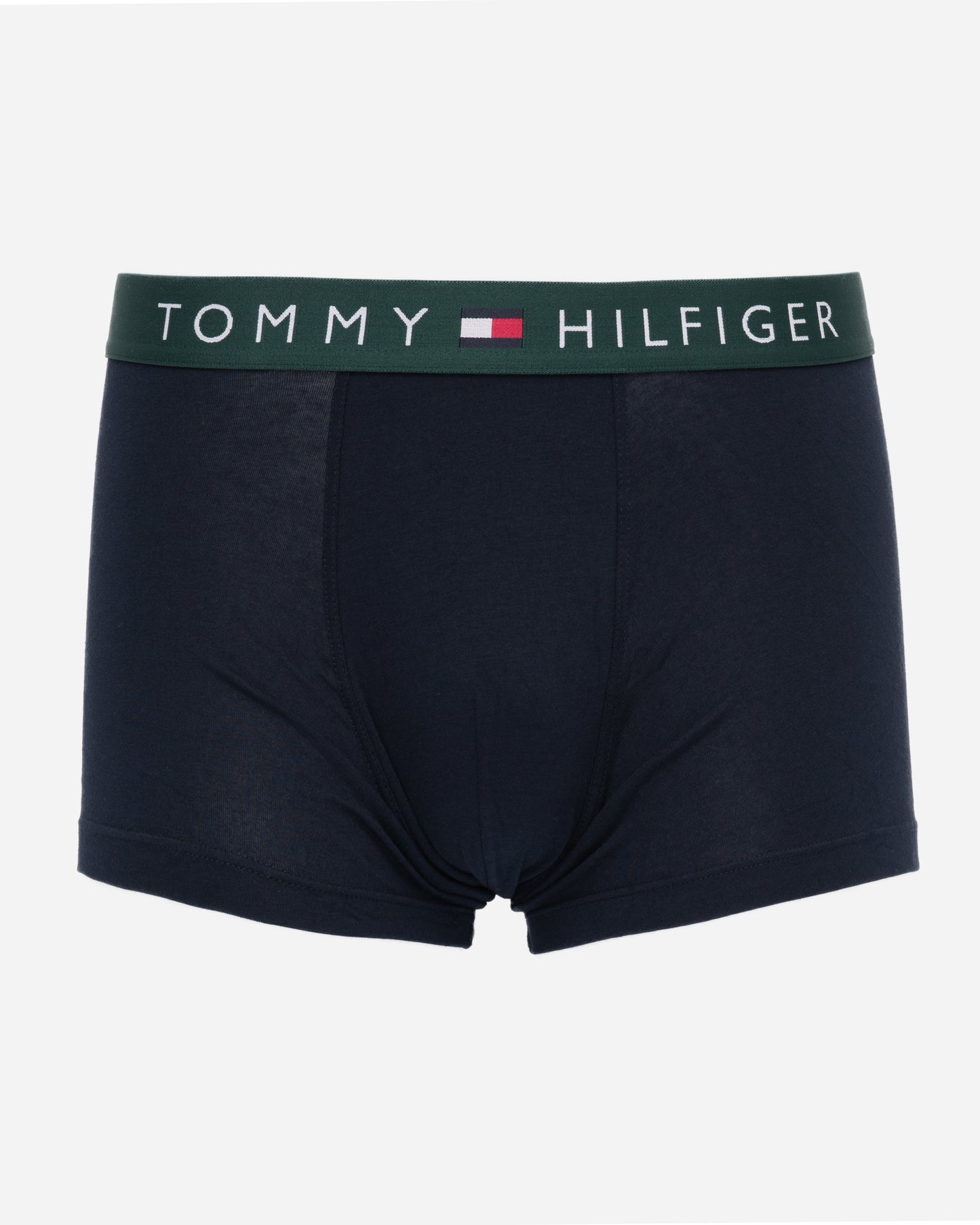 studio shot of Tommy Hilfiger 3 Pack Mens Waistband Trunks in Black, with Green waistband