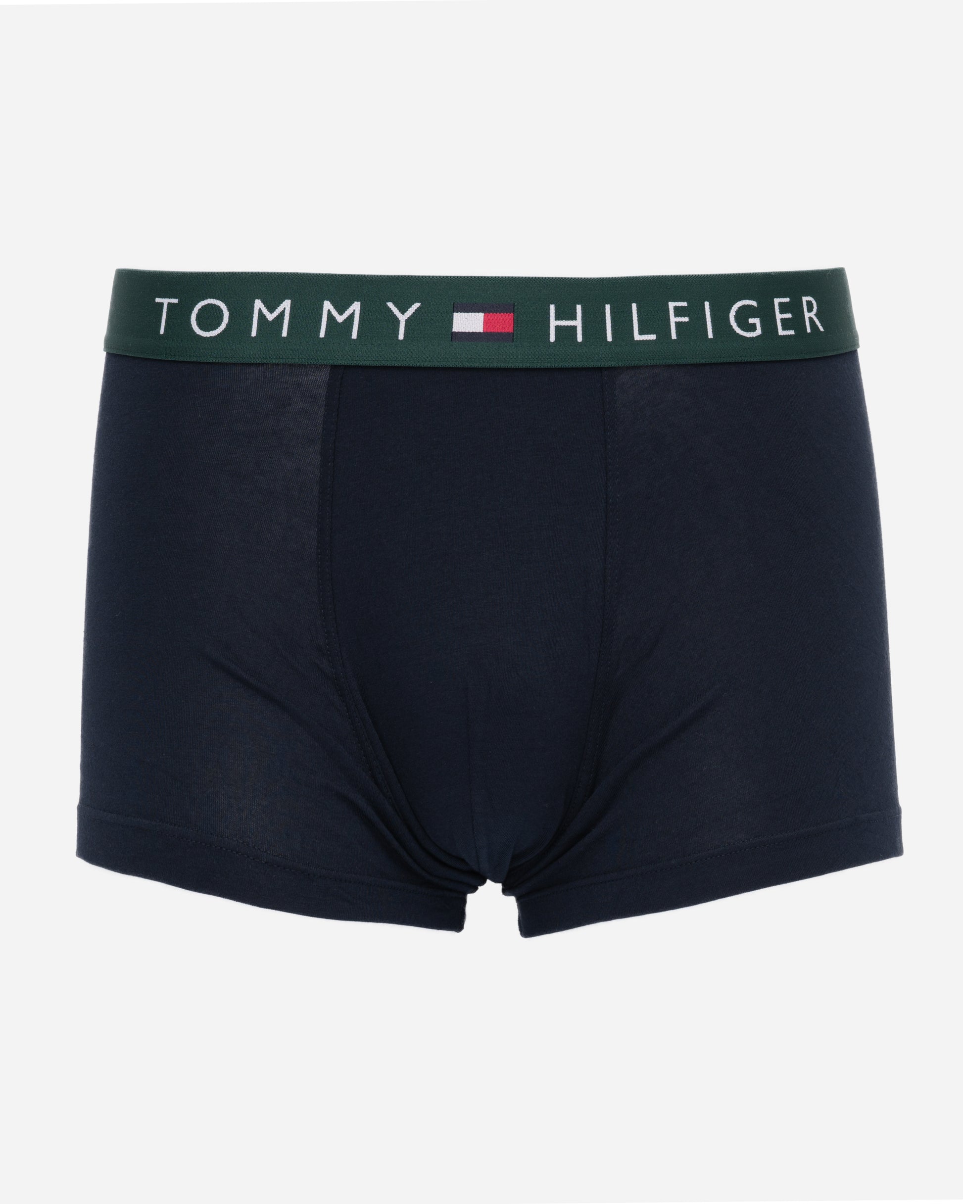 studio shot of Tommy Hilfiger 3 Pack Mens Waistband Trunks in Black, with Green waistband