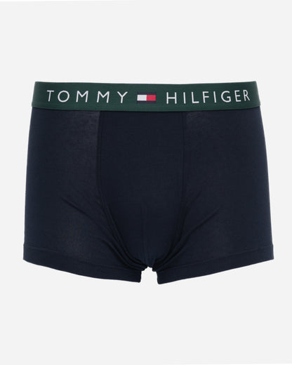 studio shot of Tommy Hilfiger 3 Pack Mens Waistband Trunks in Black, with Green waistband