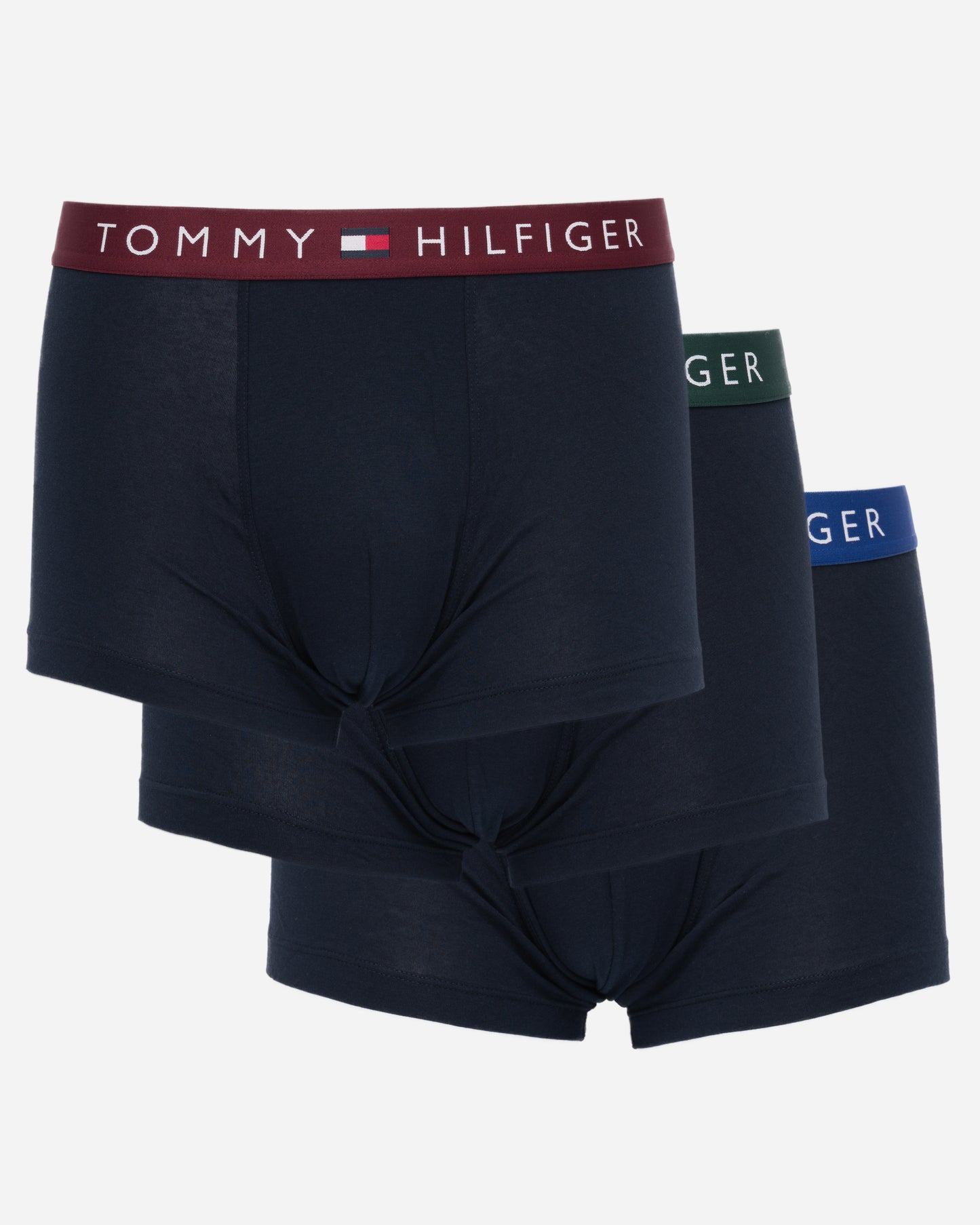 studio shot of Tommy Hilfiger 3 Pack Mens Waistband Trunks in Black, with Green, Red or Blue waistbands