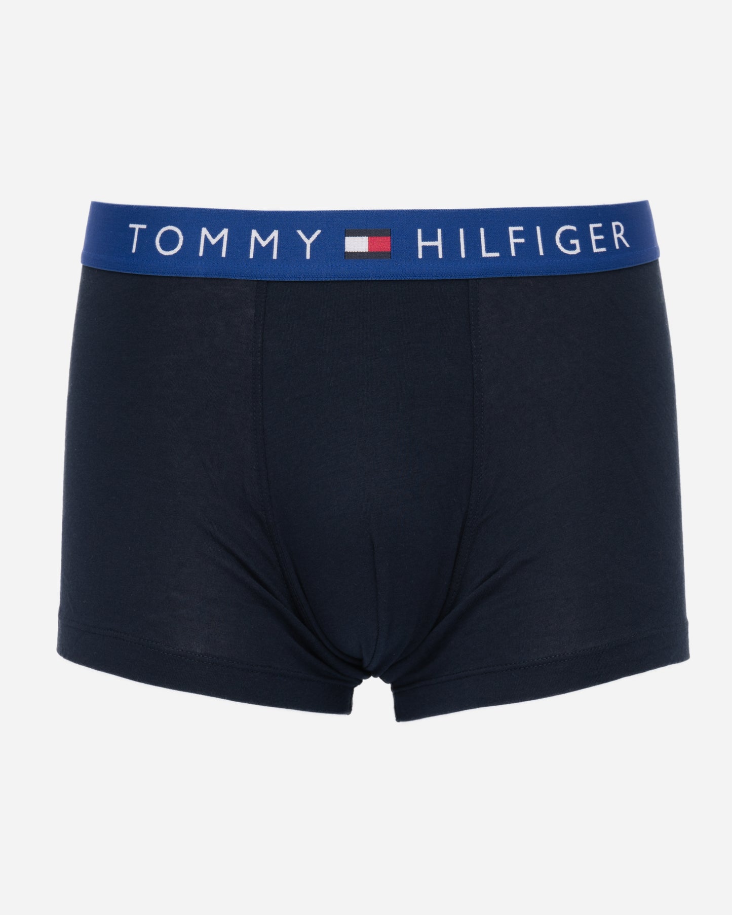 studio shot of Tommy Hilfiger 3 Pack Mens Waistband Trunks in Black, with Blue waistband