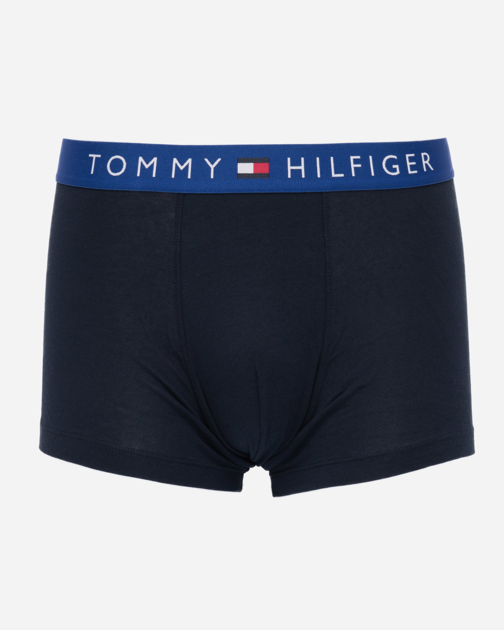 studio shot of Tommy Hilfiger 3 Pack Mens Waistband Trunks in Black, with Blue waistband