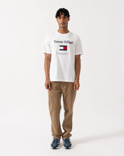 Model wearing the Tommy Hilfiger Embroidery Hilfiger Flag T-Shirt - White
