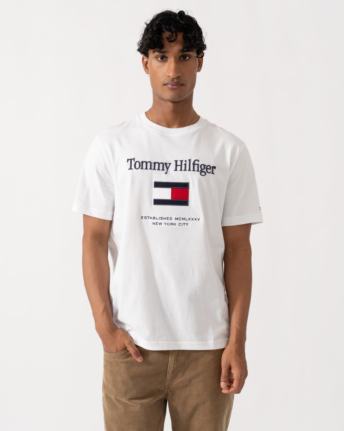 Front of the Tommy Hilfiger Embroidery Hilfiger Flag T-Shirt - White