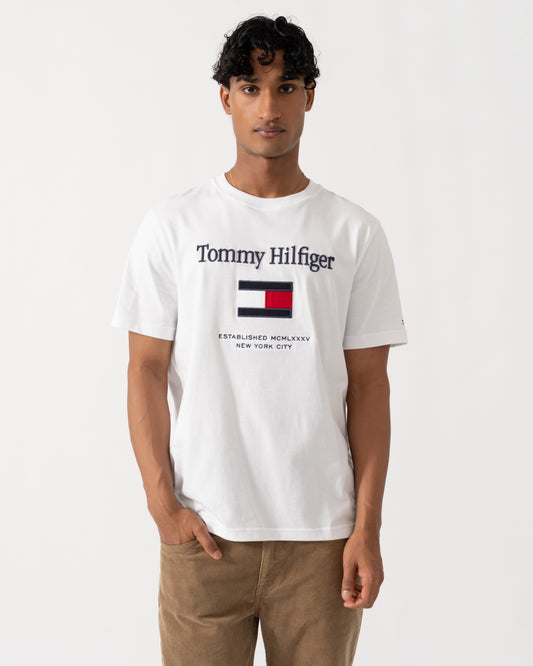 Front of the Tommy Hilfiger Embroidery Hilfiger Flag T-Shirt - White