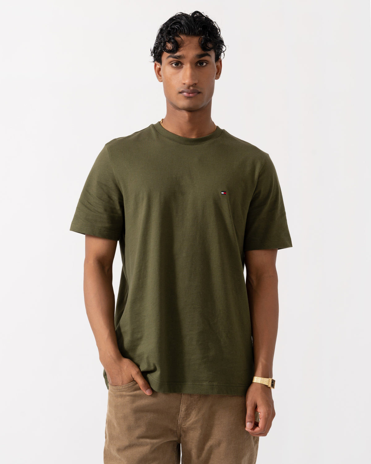 Front of the Tommy Hilfiger Essential Seasonal Regular Fit Solid Mens T-Shirt - Huntsman Green