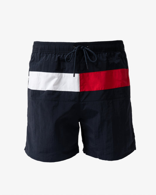 front of Tommy Hilfiger Flag Band Mens Drawstring Swimming Shorts in Navy Blue