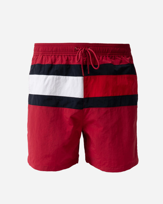front of Tommy Hilfiger Flag Band Mens Drawstring Swimming Shorts in Raspberry Juice