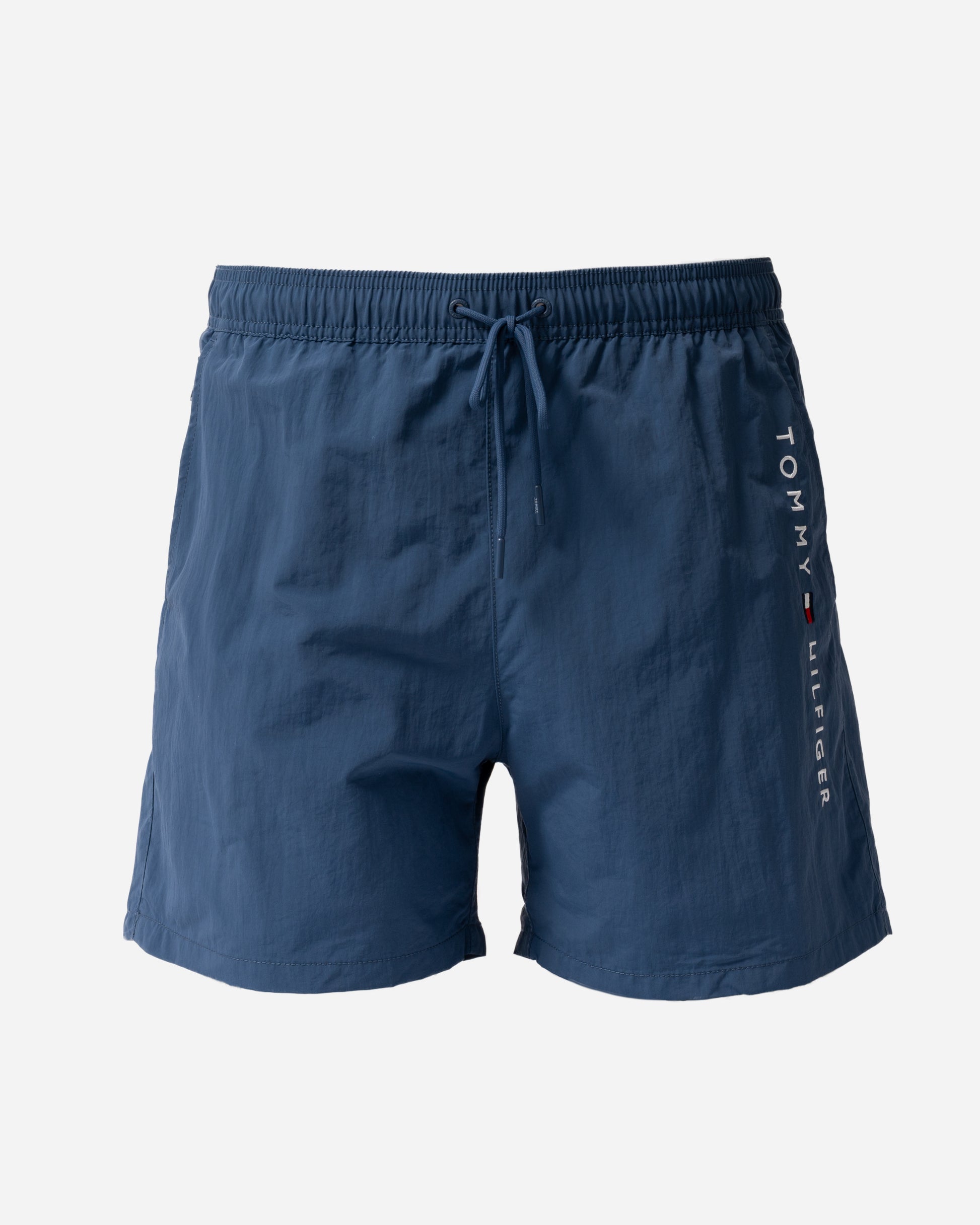 front of Tommy Hilfiger Logo Zip Pocket Mens Drawstring Swimming Shorts in Aegean Sea