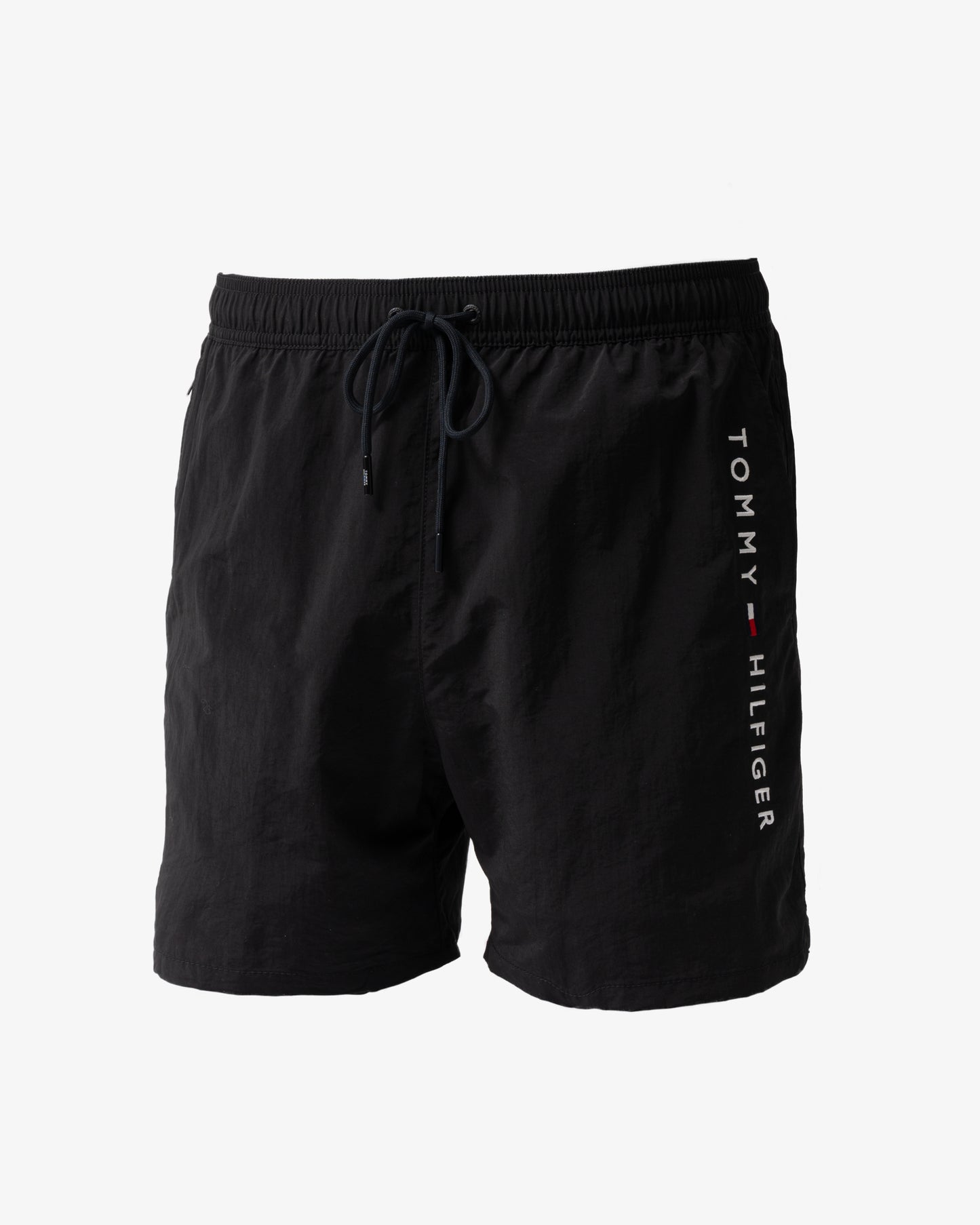front of Tommy Hilfiger Logo Zip Pocket Mens Drawstring Swimming Shorts in Black