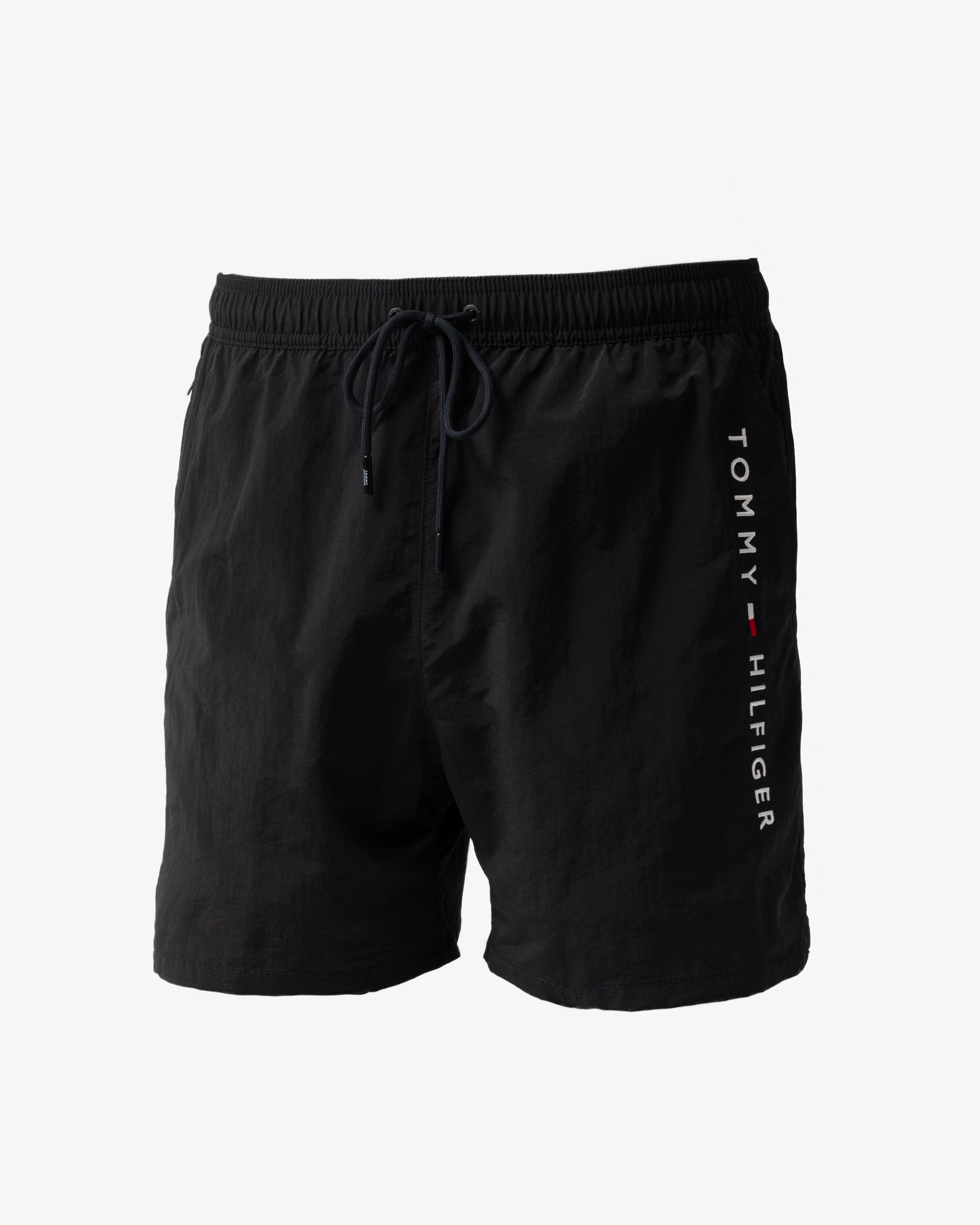 front of Tommy Hilfiger Logo Zip Pocket Mens Drawstring Swimming Shorts in Black