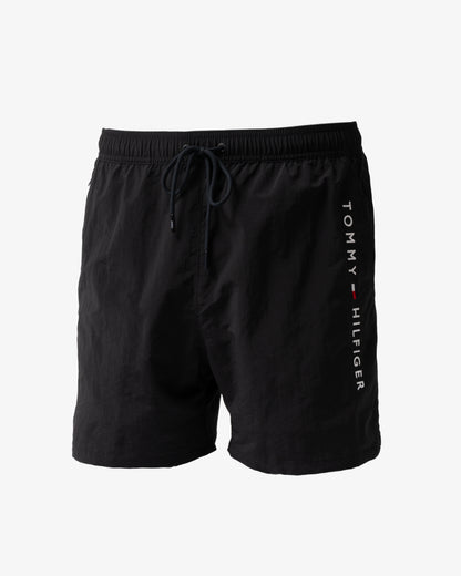 front of Tommy Hilfiger Logo Zip Pocket Mens Drawstring Swimming Shorts in Black