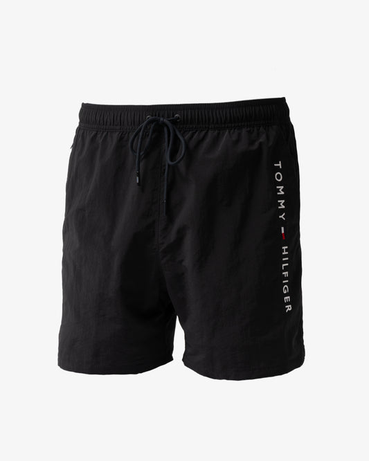 front of Tommy Hilfiger Logo Zip Pocket Mens Drawstring Swimming Shorts in Black