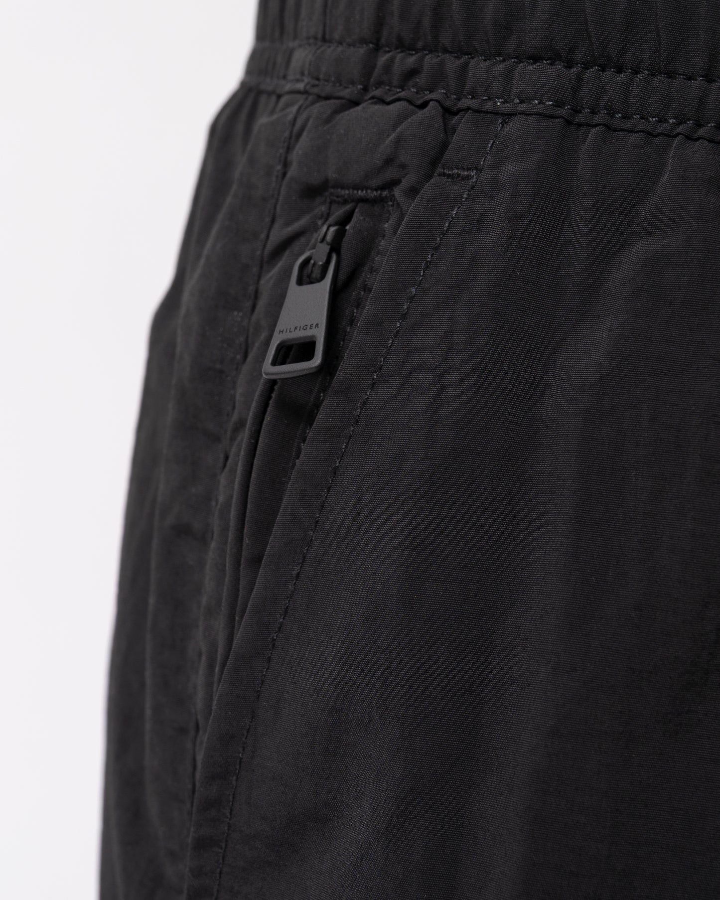 detail of Tommy Hilfiger Logo Zip Pocket Mens Drawstring Swimming Shorts in Black