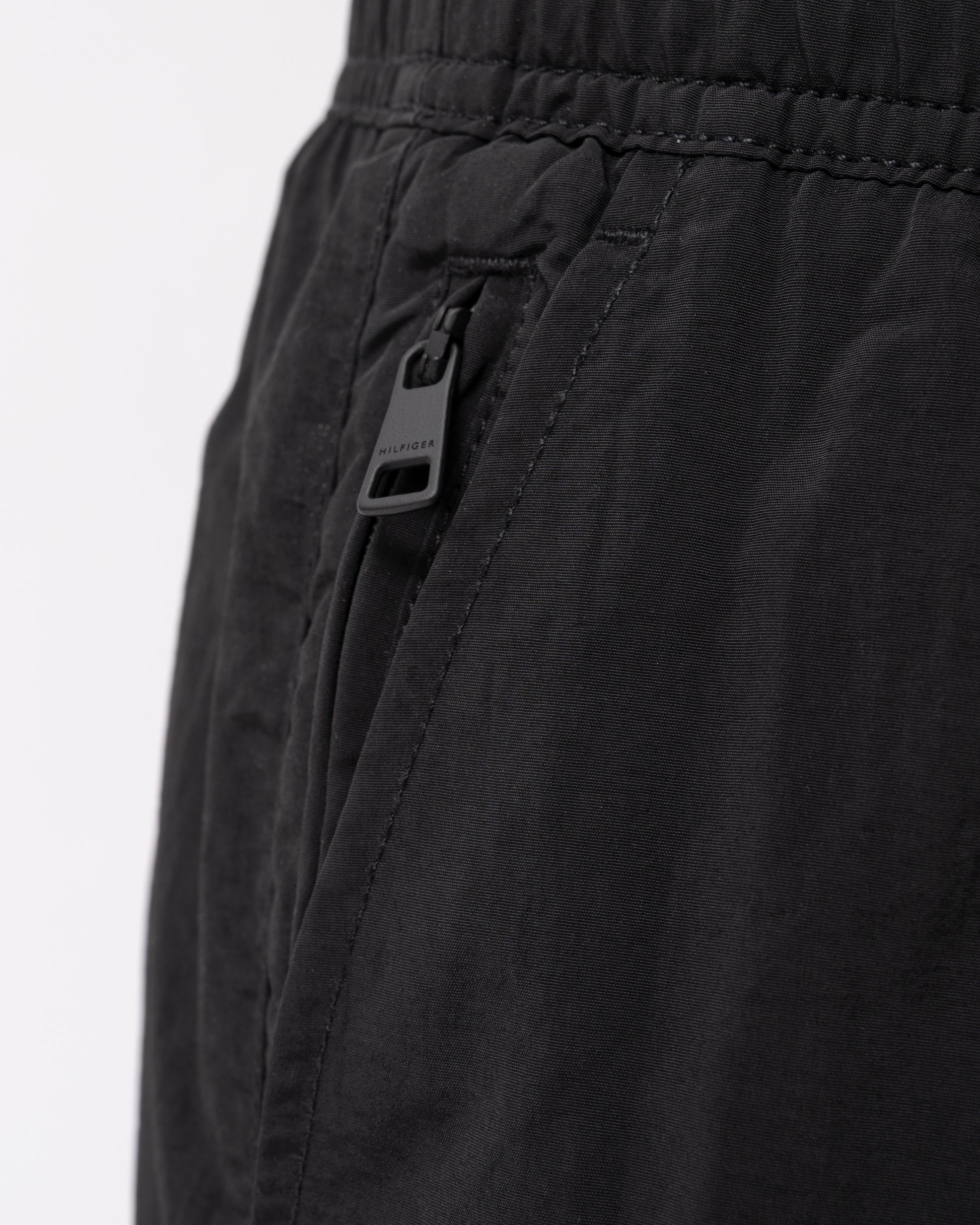 detail of Tommy Hilfiger Logo Zip Pocket Mens Drawstring Swimming Shorts in Black