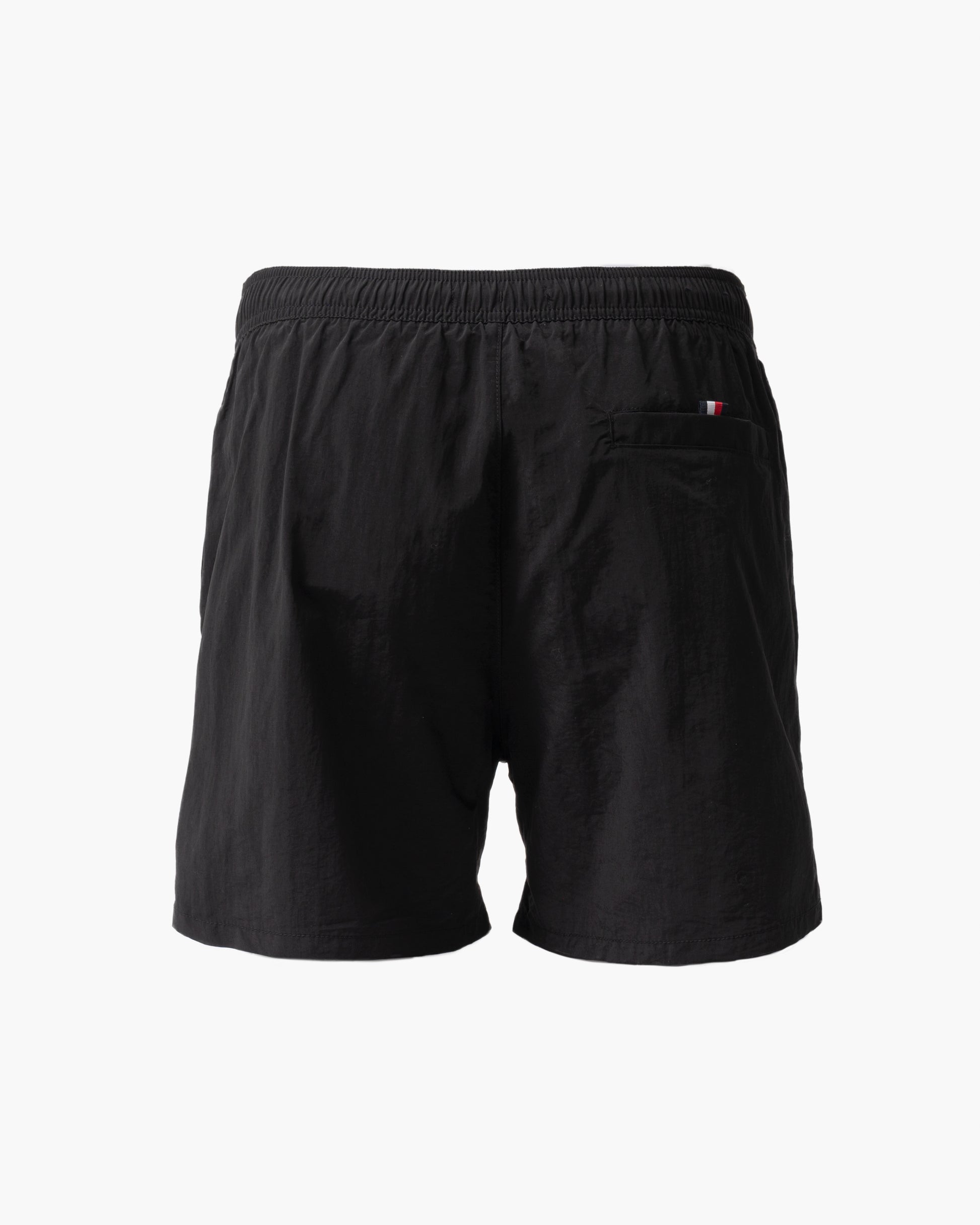 back of Tommy Hilfiger Logo Zip Pocket Mens Drawstring Swimming Shorts in Black