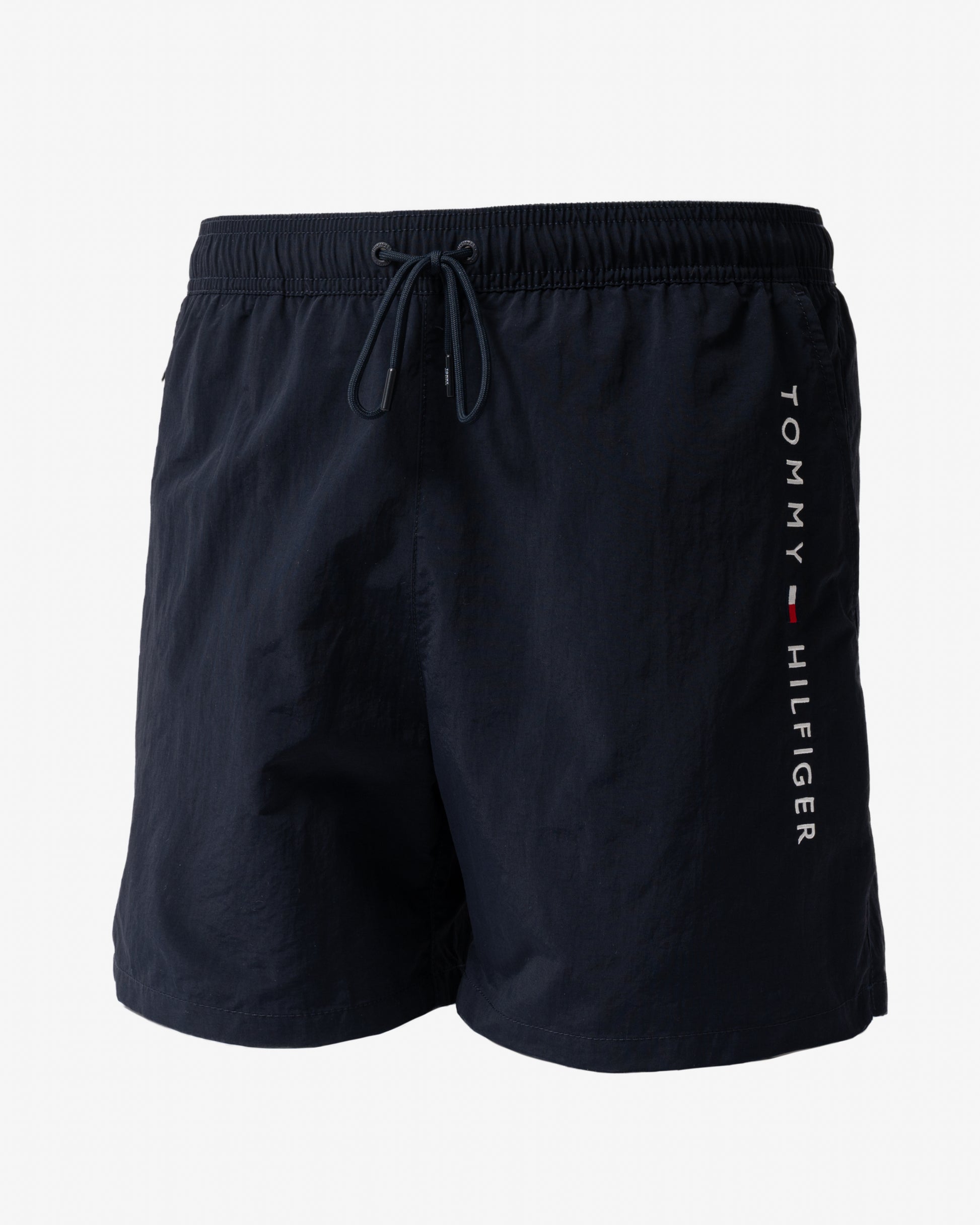 front of Tommy Hilfiger Logo Zip Pocket Mens Drawstring Swimming Shorts in Desert Sky