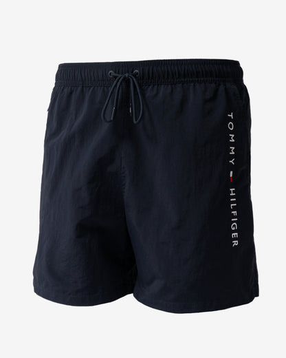 front of Tommy Hilfiger Logo Zip Pocket Mens Drawstring Swimming Shorts in Desert Sky