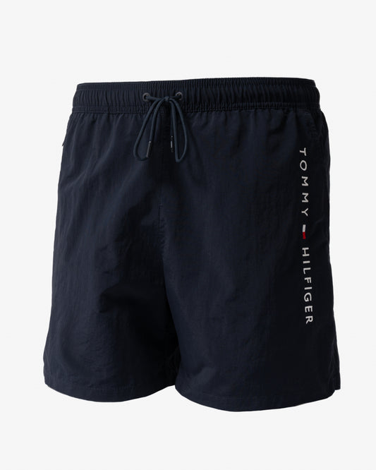front of Tommy Hilfiger Logo Zip Pocket Mens Drawstring Swimming Shorts in Desert Sky