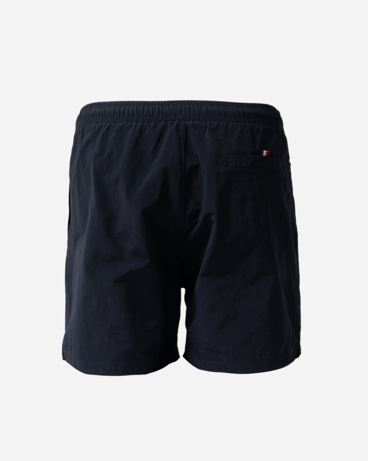 back of Tommy Hilfiger Logo Zip Pocket Mens Drawstring Swimming Shorts in Desert Sky