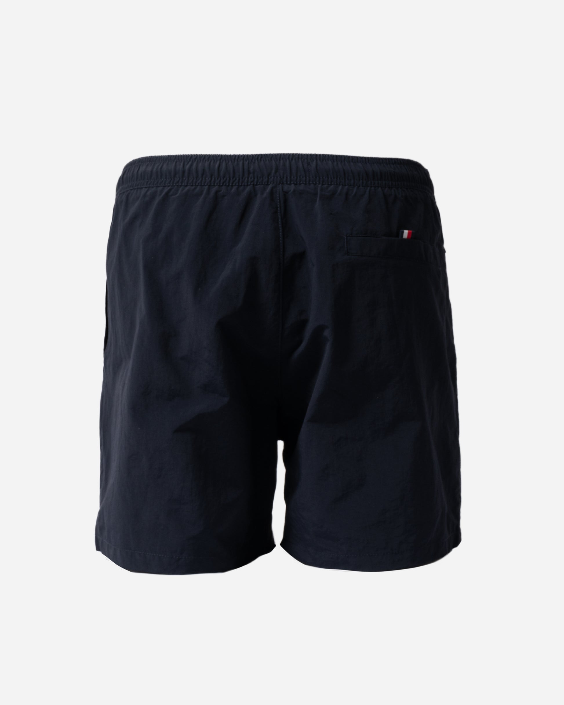 back of Tommy Hilfiger Logo Zip Pocket Mens Drawstring Swimming Shorts in Desert Sky