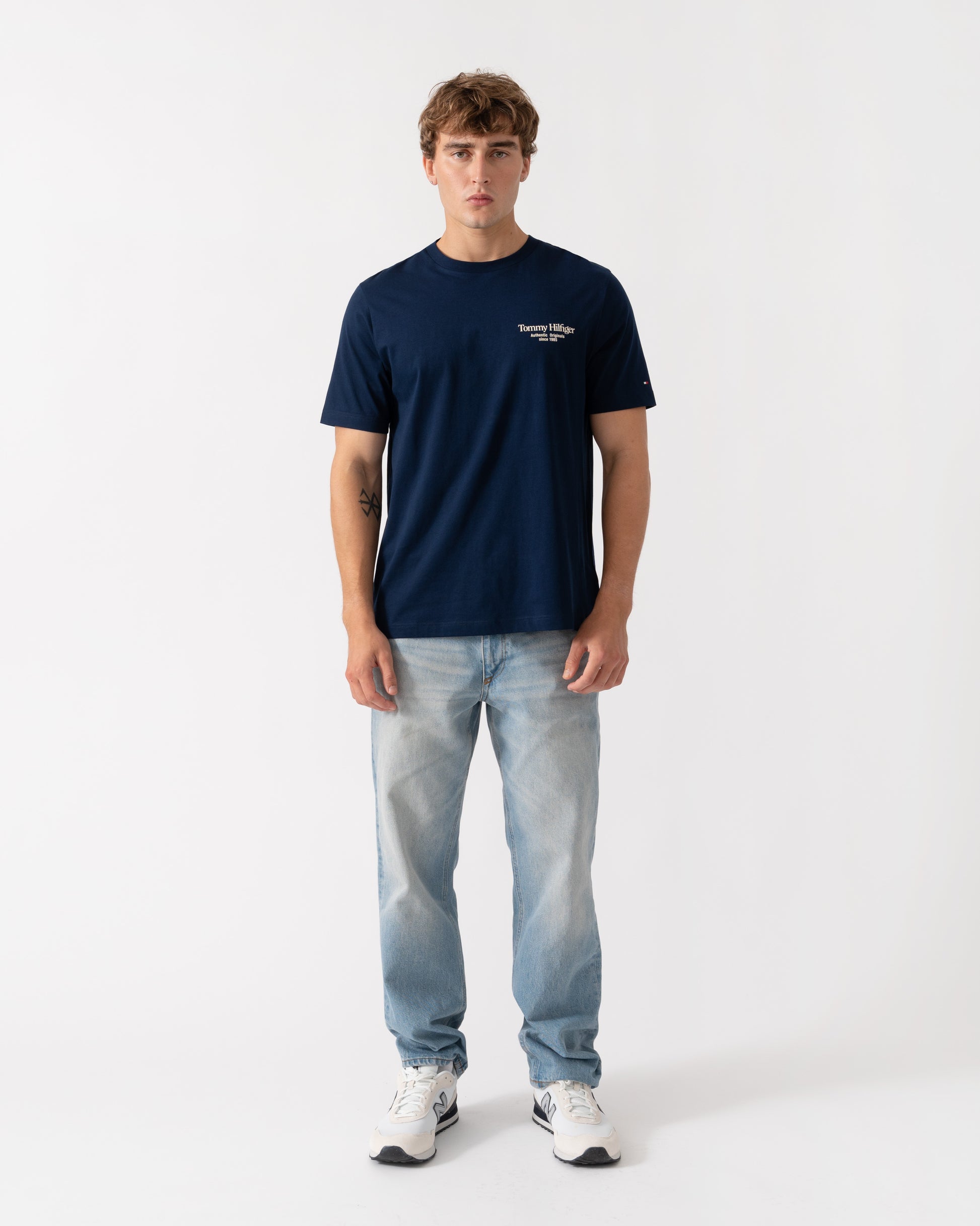 Outfit shot of Tommy Hilfiger Mens Back Text Seasonal Graphic T-Shirt - Carbon Navy