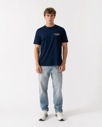 Outfit shot of Tommy Hilfiger Mens Back Text Seasonal Graphic T-Shirt - Carbon Navy
